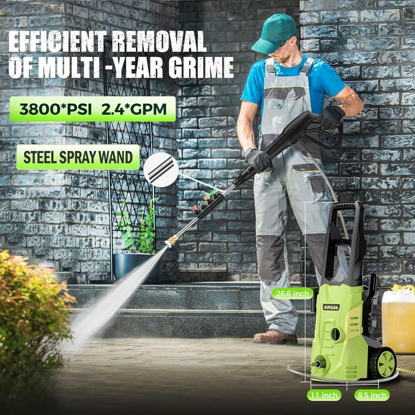 Electric Pressure Washer - GUIFIN Portable Power Washer with Soap-Adjustable Tank, Steel Spray Wand, 4 Pressure Tips, 6.6 FT Inlet & 23 FT Outlet Hose, 3800PSI & 2.4GPM, for Patio/Car/Driveway/Fence