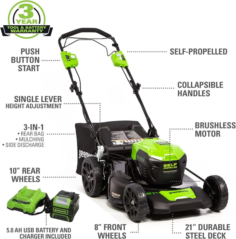 Greenworks 40V 21" Brushless Cordless (Self-Propelled) Lawn Mower (75+ Compatible Tools), 5.0Ah Battery and Charger Included