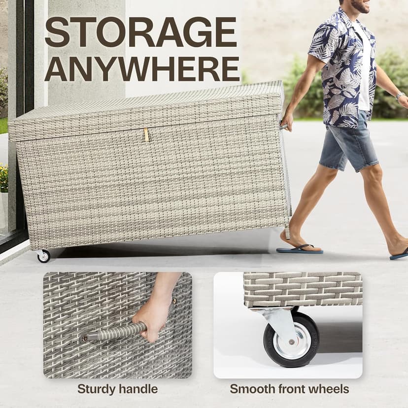 Idzo Outdoor Wicker Storage Box, 1000 Hours UV Wicker Cushion Storage Box for Patio Durable Against Weather, 200 Gallon Extra Large Deck Box, Soft-Close Hinge Included - Light Gray
