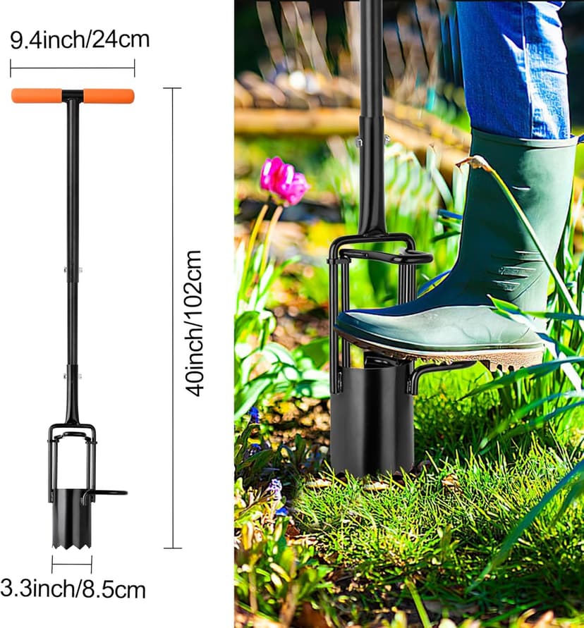 Bulb Planter Tool Long Handle, Tulip Bulb Planter Tool with Serrated Base & Double Pedal, Soft T Grip Sod Plugger, Heavy Duty Bulb Planter Tool for Digging Holes Sowing Plant Bulb
