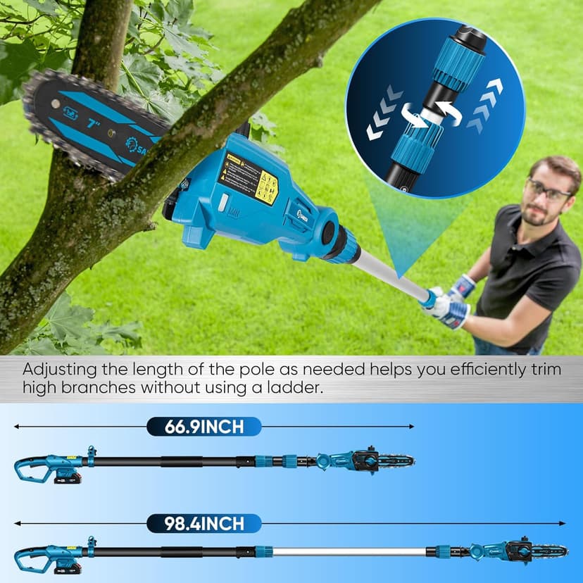 Saker Pole Saw and Pole Hedge Trimmer for Tree Trimming,66.9-98.4Inch Electric Pole Saw and Hedge Trimmer with Extension Pole,Cordless Electric Trimming Tools with Pole and 2.0Ah Battery & Charger