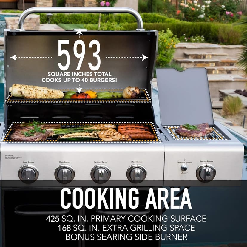 Kenmore 4-Burner BBQ Gas Grill with Searing Side Burner, Propane Grill, 52,000 BTUs, Warming Rack, Electronic Ignition & Cast Iron Cooking Grates, Black/Stainless Steel