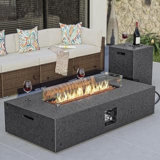 COSIEST 56 x 28 inch Outdoor Propane Fire Pit Coffee Table w Concrete Rectangle Base, CSA Certified, 50,000 BTU, Free Lava Rocks and RainCover, Fits 20lb Tank Outside, Wind Guard, Tank Cover, Gray