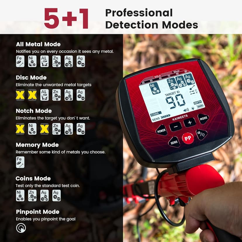 Metal Detector for Adults Professional Built-in HD Screen, KAIWEETS Metal Detector Waterproof with 6 Modes, Advanced DSP Chip, Stretchable Gold Detector Equipped with Headphones/Shovel/Bag/Battery