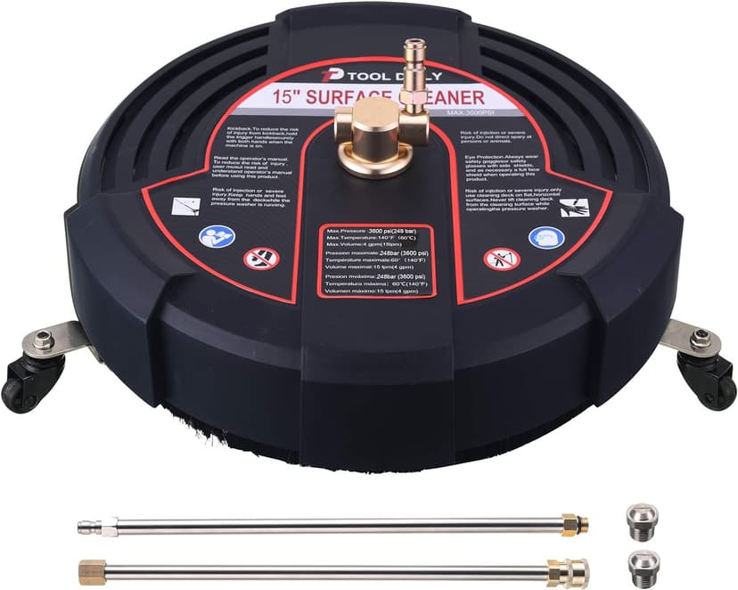 Tool Daily 15 Inch Pressure Washer Surface Cleaner Attachment with Wheels, with 2 Power Washer Extension Wands and 2 Replacement Nozzles, 3600 PSI, Black