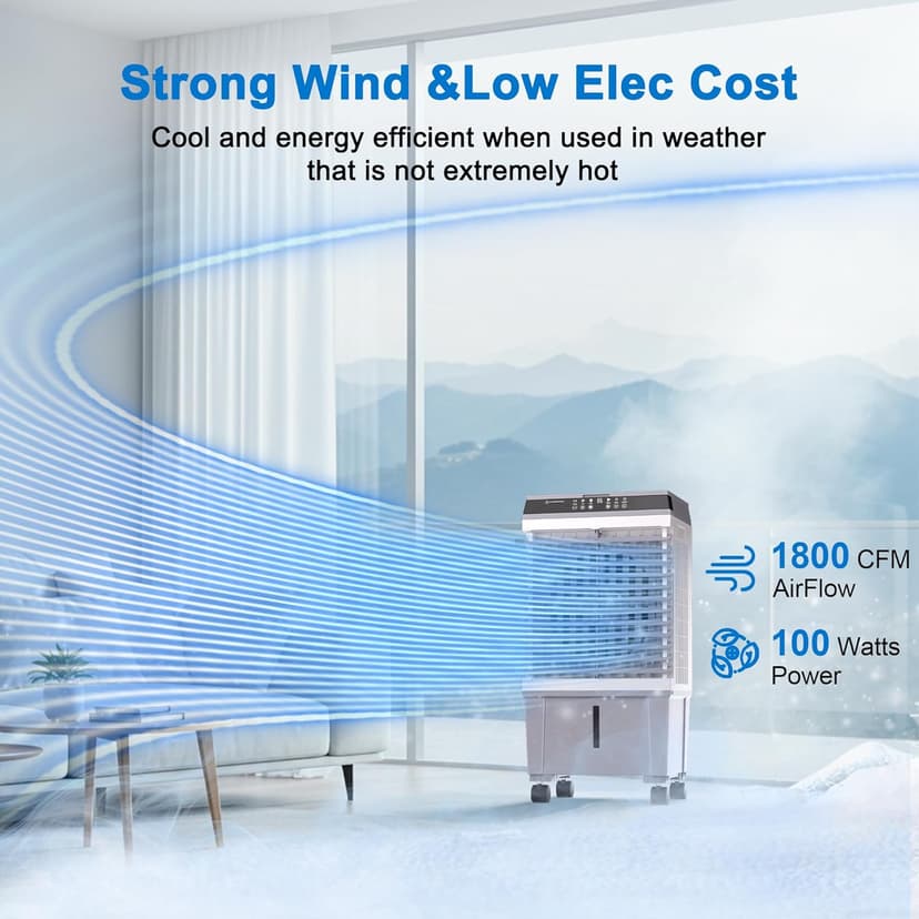 Swamp Cooler,1800CFM Portable Evaporative Air Cooler,Cooling Fan for Room Garage Patio,5.3 Gal Water Tank,3 Speeds,4 Ice Boxes,12H Timer,Remote