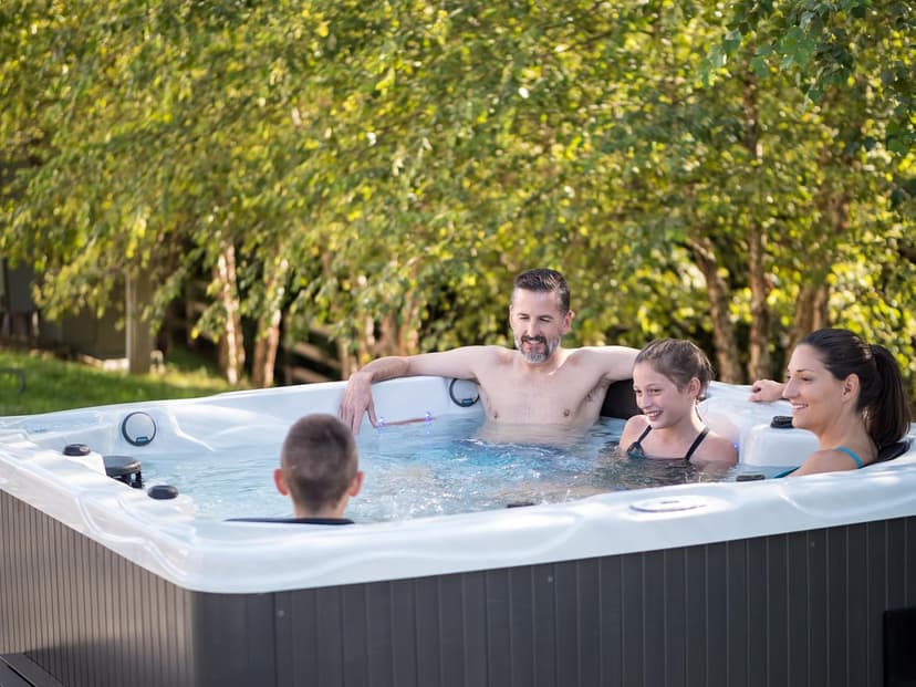 Home & Garden HG90 6-Person Hot Tub with 90 Therapy Jets and Bluetooth Audio – Sterling or White Acrylic Interior and Mocha Exterior Cabinet - Ideal for Backyard Relaxation and Hydrotherapy