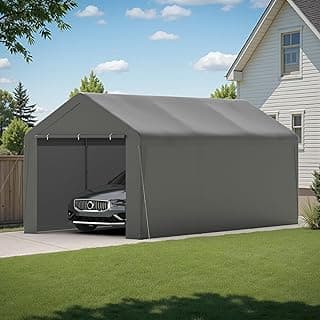 Carport, 10‘ x 20’ Heavy Duty Enclosed Garage All-Season Car Canopy with Removable Sidewall & Doors, Portable Canopy with Water-Resistant Tarp, Outdoor Storage Shelter for Car, Truck(Grey)