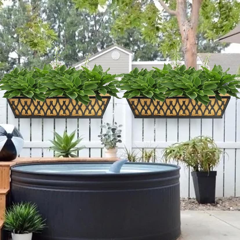 2 Pack 24 Inch Window Boxes Planters Railing Planter Box with Adjustable Brackets for Porch Fence Patio Balcony Hanging Flower Baskets with Coco Liners for Outdoor Garden Décor - Black
