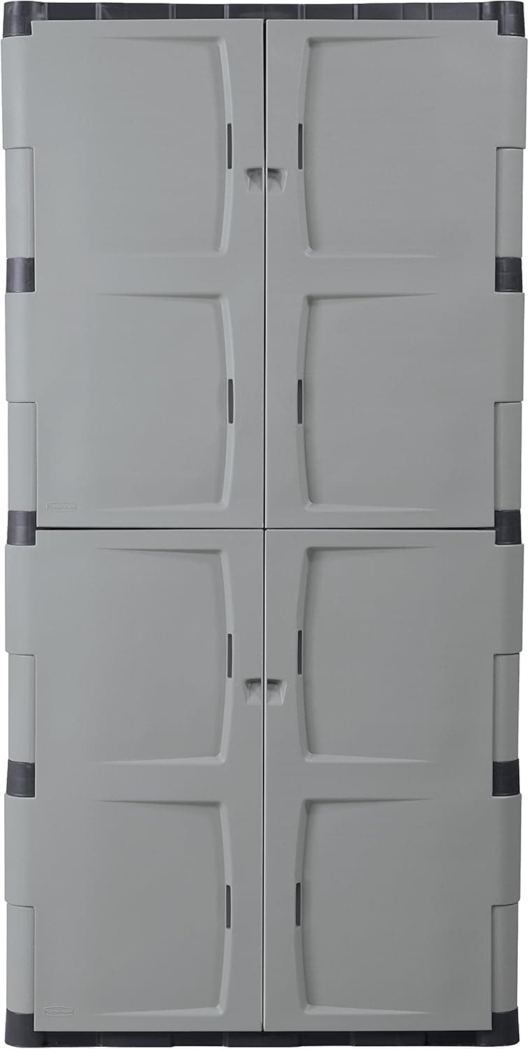 Rubbermaid Freestanding Storage Cabinet, Five Shelf with Double Doors, Lockable, Large, 690-Pound Capacity, Gray, For Garage/Outdoor, Garden Tools/Toys/Power Tools/Pool Accessories, Grey