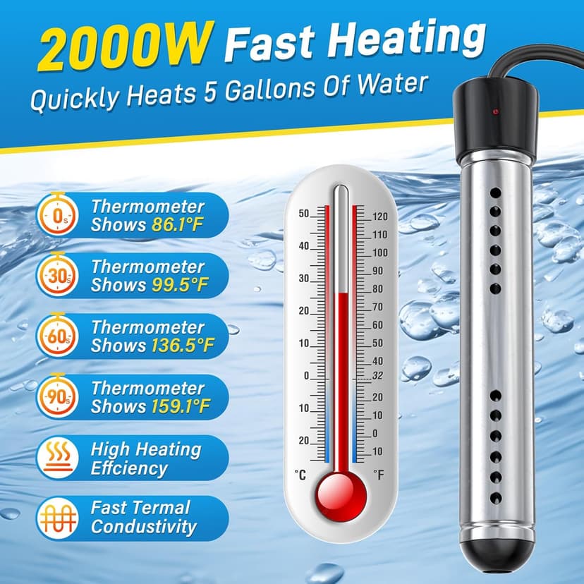 2000W Immersion Water Heater, Portable Water Heater Electric with Real-Time LCD Thermometer Control, with 304 SS Guard Fast Heats up 5 gallons Water in Minutes for Bucket, Basin, Bathtub, Small Pool