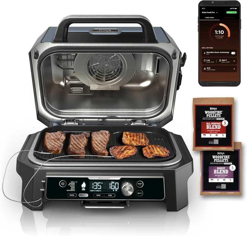 Ninja OG951 Woodfire Pro Connect Premium XL Outdoor Grill & Smoker, Bluetooth, App Enabled, Air Fryer, Woodfire Technology, 2 Built-In Thermometers, Black (Renewed)