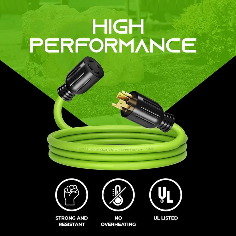 GEARit 30-Amp Generator Extension Cord, 120/250-Volt, 4-Prong, 7500W, NEMA L14-30P/L L14-30R, 10 Gauge SJTW Locking Power Cord for Manual Transfer Switch, Portable Generator, Power Outage, 6 Ft, Green
