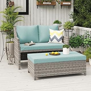 OC Orange-Casual 2-Piece Outdoor Patio Furniture Wicker Love-seat and Coffee Table Set, with Built-in Storage Bin, Grey Rattan, Green Cushions