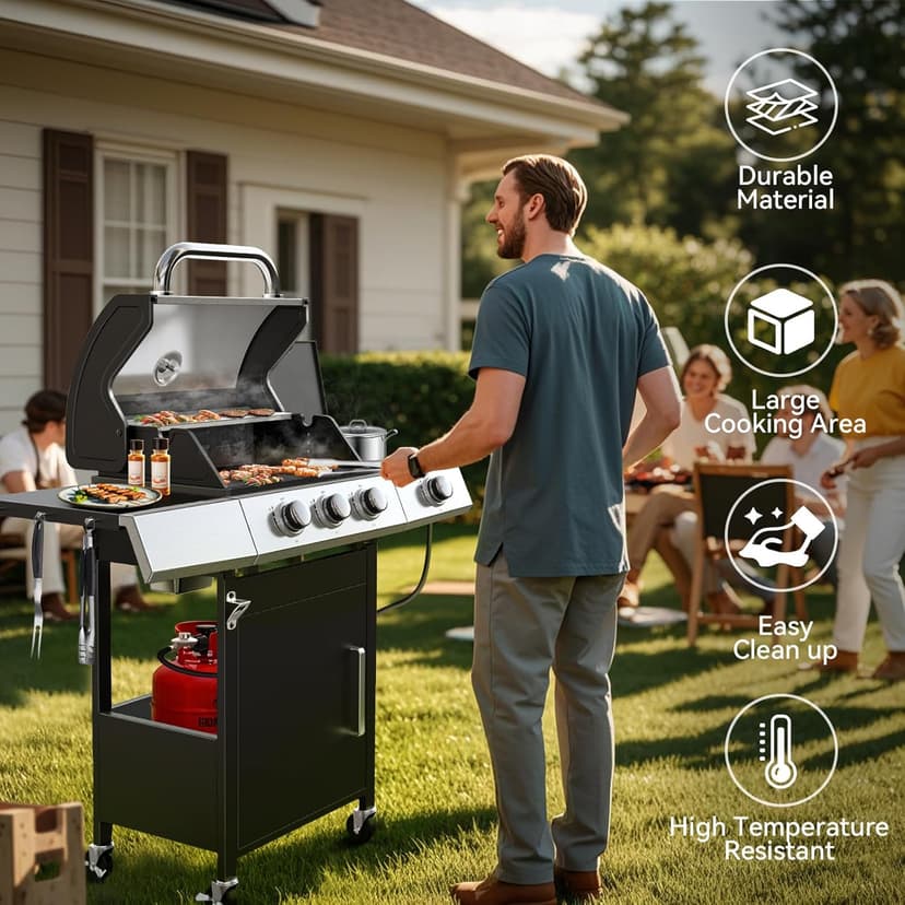 3-Burner Propane Grills with Side Burner, BBQ Gas Grill with Cast Iron Grates and Griddle, Garden Barbecue Grill for Backyard, Camping, Patio, 27,500 BTU