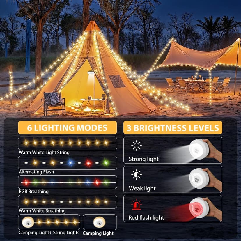 Camping String Lights, 4 in 1 Quick Storage Camping Essentials Gear 32.8FT Rechargeable Tent Lights with 9 Modes Hanging Waterproof LED Camp Lamp for Camping Hiking Patio Garden Festival -Warm +RGB