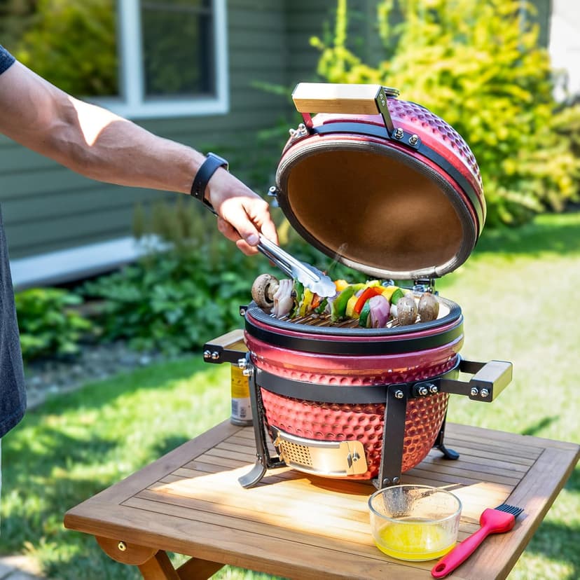 Sunnydaze 13” Kamado Portable Charcoal Grill with Smoker - Outdoor Ceramic Small BBQ Grill with Stand and Cooking Grate - Red