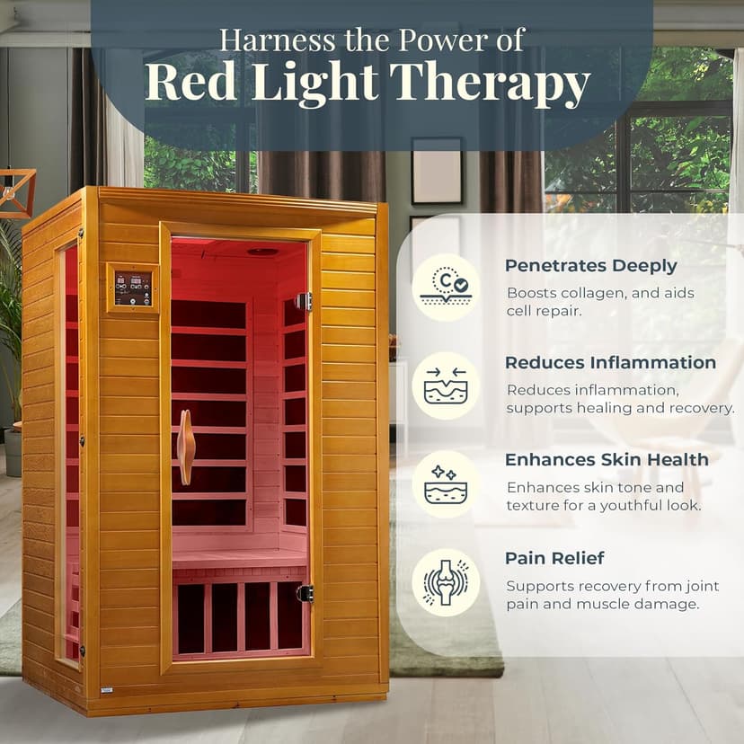DYNAMIC SAUNAS Andora 2-Person Low EMF FAR Infrared Sauna with Red Light & Bluetooth Speakers | Personal Indoor Spa for Home & Gym – Made from Canadian Hemlock
