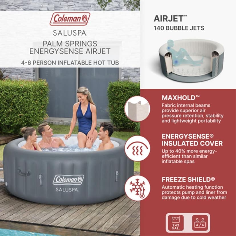 Bestway Coleman Palm Springs 4 to 6 Person EnergySense Smart AirJet Plus Inflatable Hot Tub Outdoor Spa with 140 AirJets and Insulated Cover