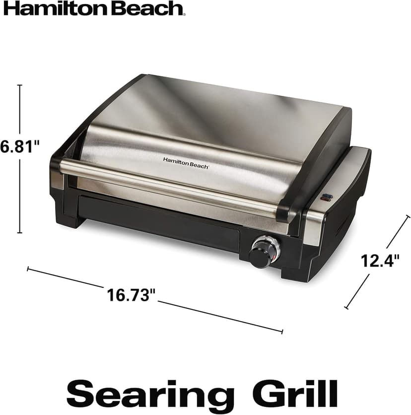Hamilton Beach Electric Indoor Searing Grill with Adjustable Temperature Control to 450F, 118 sq. in. Surface Serves 6, PFAS-Free Removable Nonstick Grate, Stainless Steel (25360)