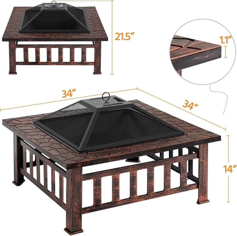 Yaheetech Fire Pit 34in Outdoor Fire Pits Fireplace Heater Stove with Screen, Waterproof Cover & Poker for BBQ Patio Bonfire