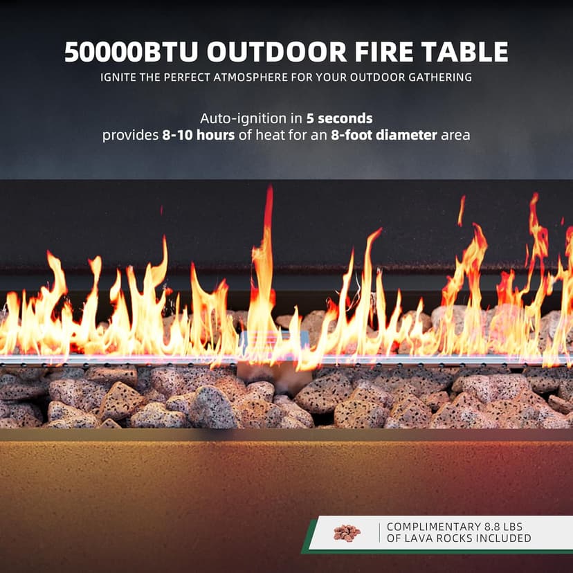UPHA 42-inch Outdoor Propane Gas Fire Pit Table 50000 BTU Iron Rectangle FirePit for Outside Patio with Tank Hidden Table, Removable Lid, Lava Rocks, Rain Cover, Brown