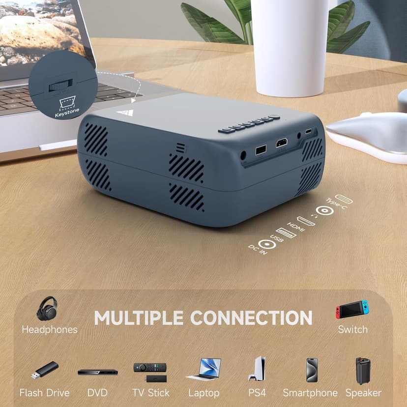 Mini Projector, iTJQ Portable Projector 1080P Supported for Indoor Outdoor Movies, Phone Projector Compatible with iOS/ Android, Laptop, TV Stick/ PS5, USB/HDMI/Type-C