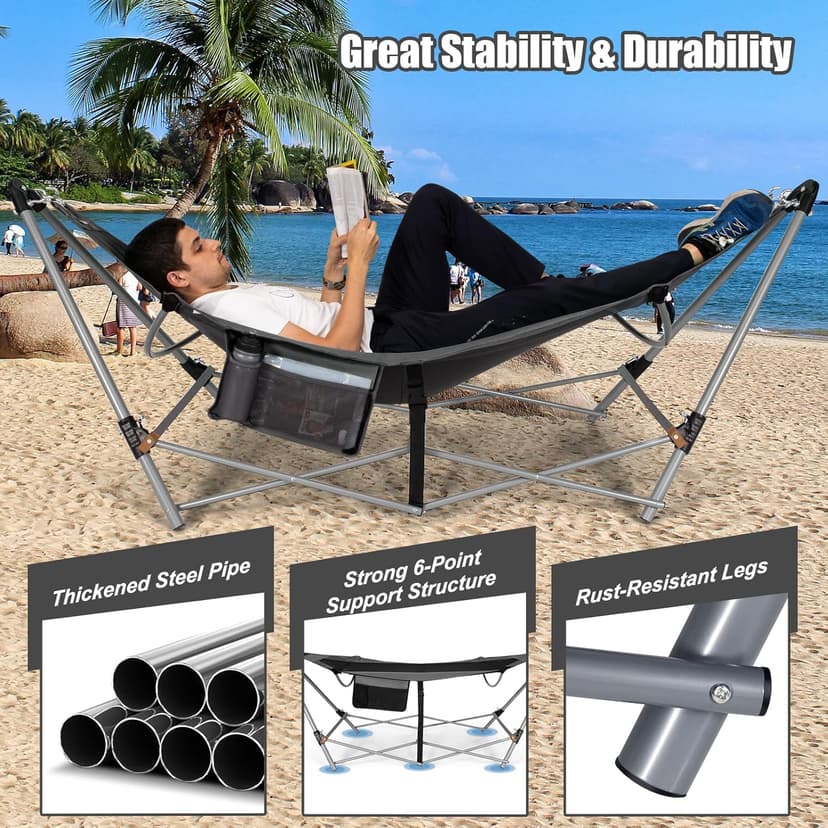 Portable Folding Hammock w/Side Pocket, Lounge Camping Bed w/Metal Stand & Anti-tip Buckles, Outdoor Camping Hammock with Carrying Bag for Patio Garden Yard, Easy Assembly (Grey)