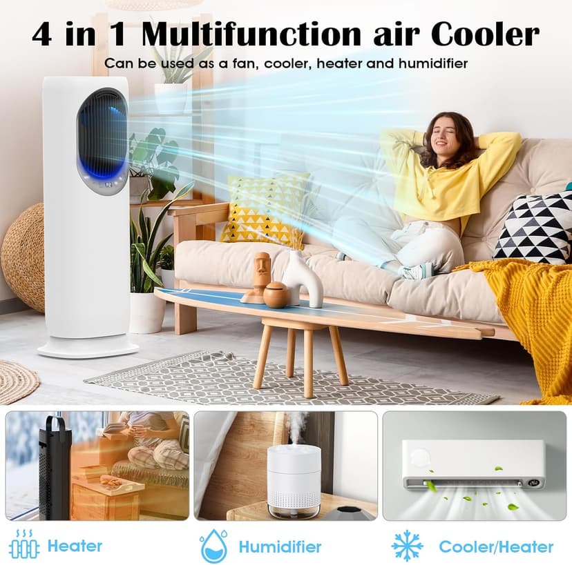 4 IN1 Evaporative Air Cooler, Swamp Cooler with 4L Water Tank, Tower Fan with Humidification, Fan and Heater Combo, 120°Oscillating, Remote, 12H Timer, 2 Ice Packs (Panel-Crescent)