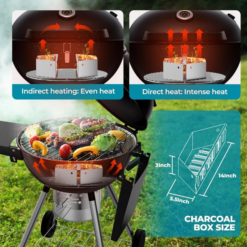 22 Inch Charcoal Grill with 2 Foldable Side Tables,Charcoal Kettle Grills with Wheels,Outdoor bbq Grill,Portable Charcoal Grill for Camping,Party,Backyard (Black)