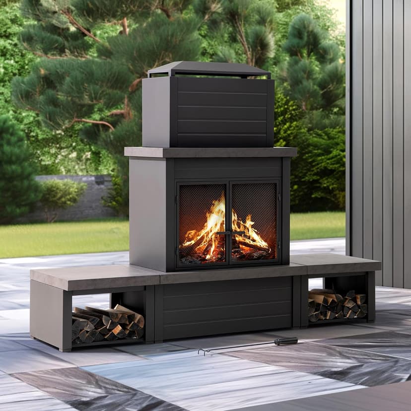 Sunjoy Outdoor Fireplace with Wood Storage and Chimney, Steel Metal Fire Pit with Mesh Spark Screen Door & Fire Poker, Fireplace Tool and PVC Cover, for Patio Garden Deck Backyard, Brown