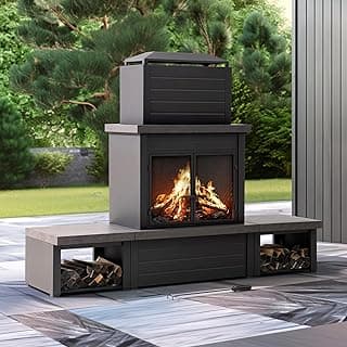 Sunjoy Outdoor Fireplace with Wood Storage and Chimney, Steel Metal Fire Pit with Mesh Spark Screen Door & Fire Poker, Fireplace Tool and PVC Cover, for Patio Garden Deck Backyard, Brown