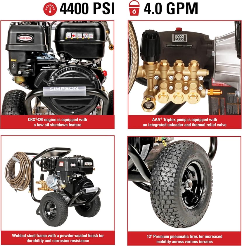 SIMPSON Cleaning PS60843 PowerShot 4400 PSI Gas Pressure Washer, 4.0 GPM, CRX 420cc Engine, Includes Spray Gun and Extension Wand, 5 QC Nozzle Tips, 3/8-inch x 50-foot Monster Hose, 49-State