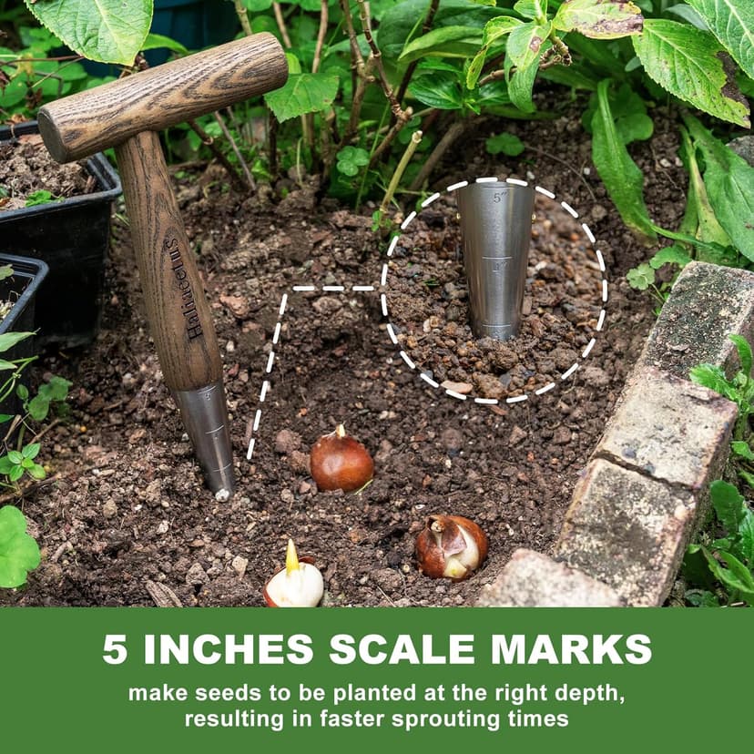 Hand Dibber with 5 inches Measuring Scale, Easy to Grip L-Shaped Wood Handle Dibbler, Seeding Widger, Stainless Steel Garden Planting Trowel for Repotting, Long and Narrow Widger for Planting, Weeding