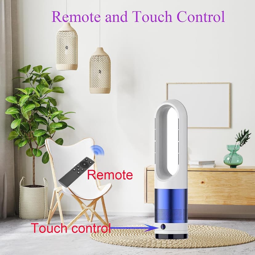 Bladeless Heater and Fan Combo, 1400 Watt Heater Fan and 40 Watt Cold Fan, 80° Oscillating Fan, All the Season Use, Remote and Touch Control, Floor Tower fan, Office Room, Bedroom, Blue White