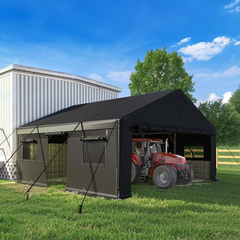 Bepatio Carport, 2 Car 20 x 20 Heavy Duty Metal Carport, Extra Large Car Port with Side-Opening Doors & Roll-Up Windows, All Weather Outdoor Portable Garage
