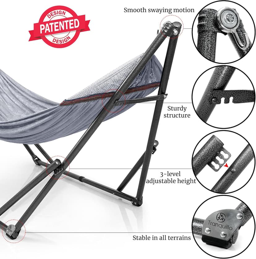 Tranquillo Double Hammock with Stand Included for 2 Persons/Foldable Hammock Stand 600 lbs Capacity Portable Case - Inhouse, Outdoor, Camping, Grey