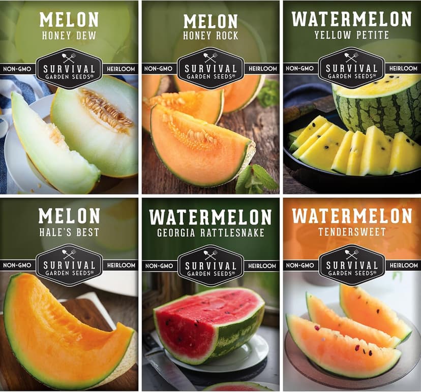 Survival Garden Seeds Melon Collection - 6 Packs of Heirloom Melon Fruit Seed: Honey Rock Cantaloupe, Hale's Best, Honeydew Melons, Yellow Petite, Tendersweet Orange, Georgia Rattlesnake Watermelon