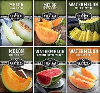 Survival Garden Seeds Melon Collection - 6 Packs of Heirloom Melon Fruit Seed: Honey Rock Cantaloupe, Hale's Best, Honeydew Melons, Yellow Petite, Tendersweet Orange, Georgia Rattlesnake Watermelon