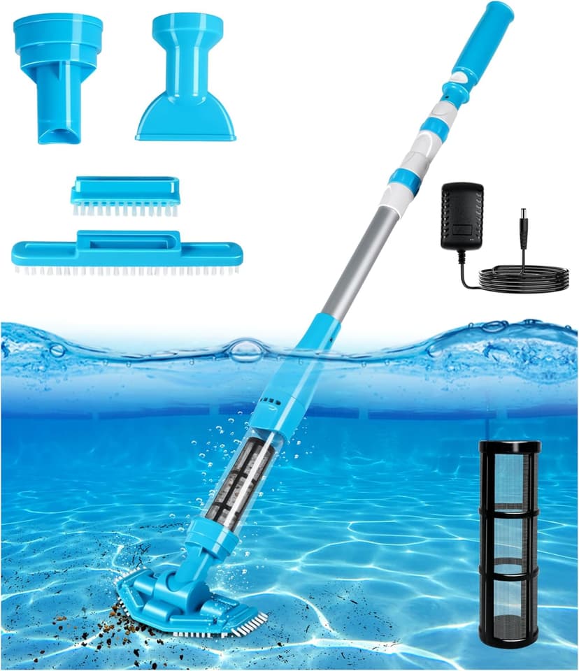 4-in-1 Handheld Pool Vacuum Cordless, 4000mAh Rechargeable Hot Tub Vacuum Spa with Telescopic Pole, Above Ground Pool Vacuum Cleaner, Suction Improved 30% Spa Wand Deep Cleaning for Debris