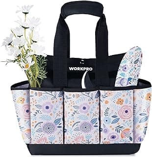 WORKPRO Garden Tool Bag, 9 Pockets Gardening Bag, Heavy Duty Oxford Garden Tote Caddy (Tools NOT Included), 12" x 12" x 6" (Floral White)