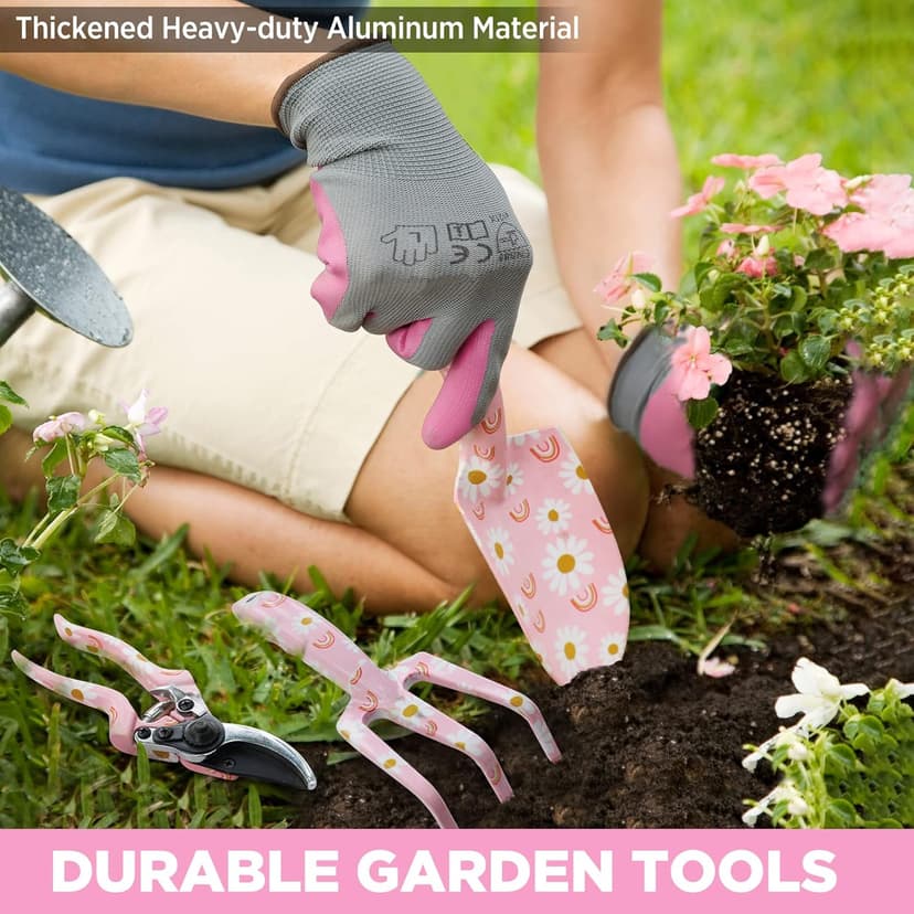 WORKPRO 5PCS Gardening Tools, Aluminum Heavy Duty Garden Tool Set with Bag, Ideal Gardening Gifts for Women, Pink