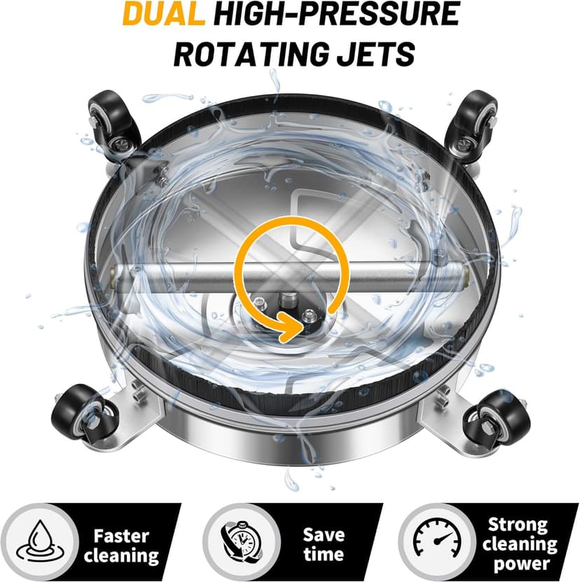 14" Pressure Washer Surface Cleaner with 4 Wheels - Stainless Steel Surface Cleaner for Pressure Washer Attachment for Concrete, Patio, Sidewalk, Deck and Driveways - PWS14