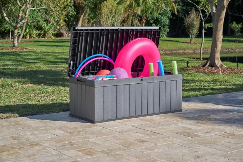 Keter Darwin 100 Gallon Resin Large Deck Box Organization and Storage for Patio Furniture, Outdoor Cushions, Garden Tools, Grey & Black