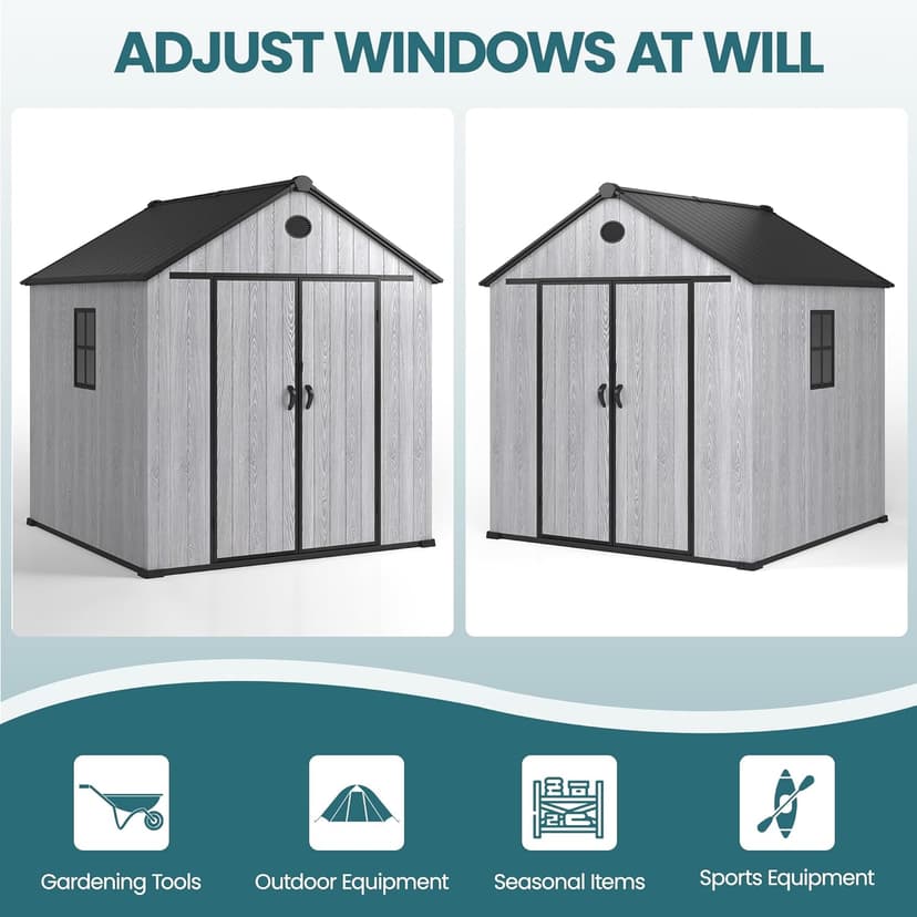 8 x 8 FT Resin Storage Shed Outdoor Storage Shed Storage Sheds Outdoor with Floor, Side Window, Plastic Shed with Lockable Door, Front Rear Vents for Backyard, Garden, Patio (8x8 FT)