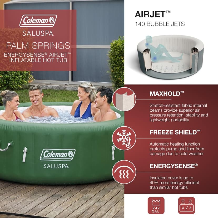 Coleman Palm Springs EnergySense AirJet Inflatable Hot Tub Spa (77" x 28") | Portable Hot Tub with 2 Covers (1 Energy-Efficient Thermal Cover and 1 Standard Cover) | Fits Up to 4-6 Persons | Green