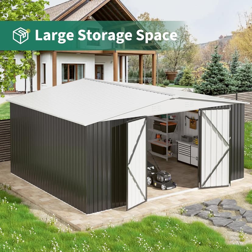 12x14 FT Outdoor Storage Shed, Metal Shed with Updated Frame Structure and Lockable Doors, Large Shed Upgrade Height Ideal for Garden, Backyard, Patio Utility and Tool Storage, White