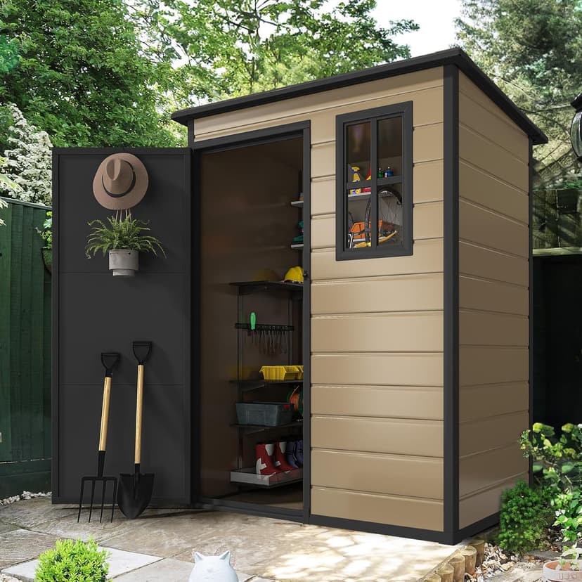 DWVO 5x3 FT Outdoor Storage Shed with Reinforced Floor, All-Weather Resin Storage Shed with Lockable Door & Window, Waterproof Plastic Tool Storage for Garden, Backyard, Patio, Lawn