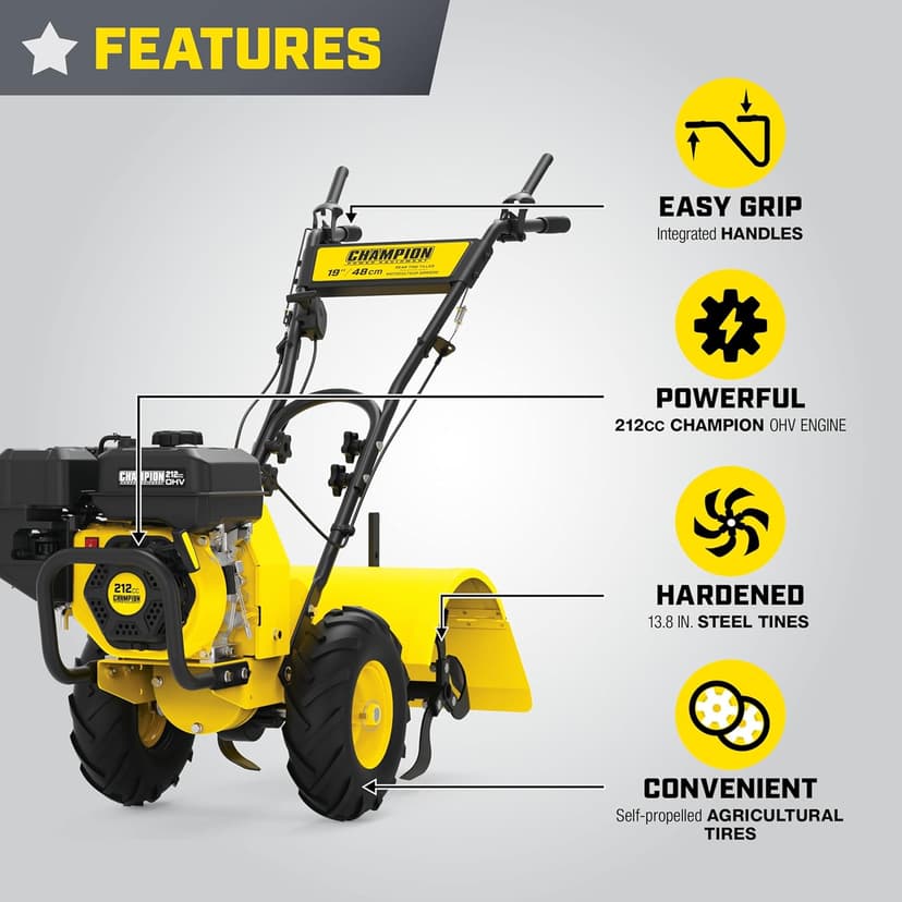 Champion Power Equipment 19-Inch Counter Rotating Rear Tine Tiller with Self-Propelled Agricultural Tires