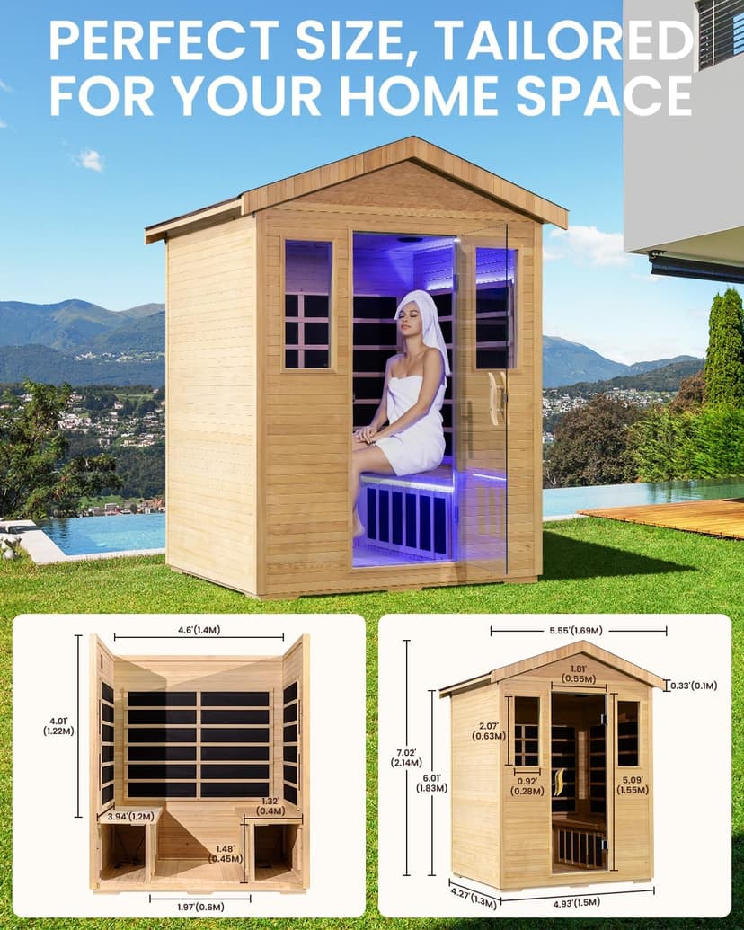 3300W 30A 110V Outdoor Wooden Low EMF Far Infrared Sauna with Bluetooth Speakers, LED Lamp, LCD Control Panel, Tempered Glass Door, 7 Colors Lighting 4 Person, 84.24"x66.6"x51.24"